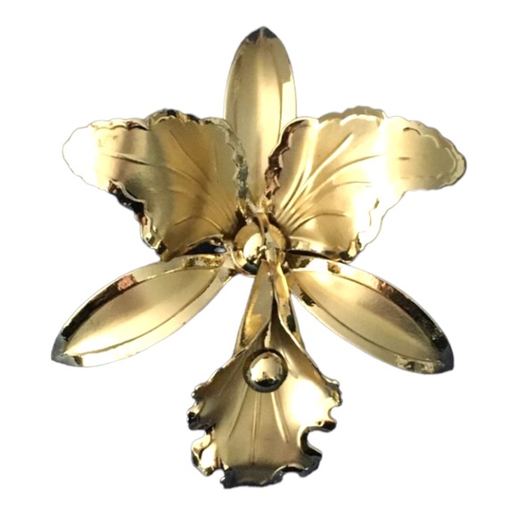 Vintage Orchid in Bloom Floral Jewelry Brooch Pin Light Gold Tone - Picture 1 of 5